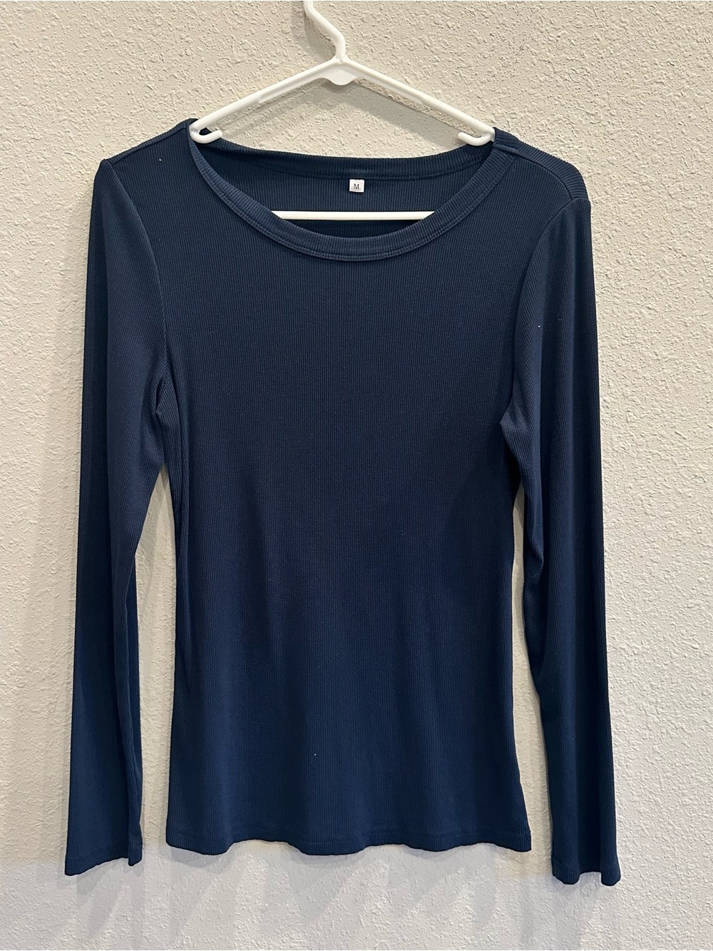Women’s Navy Blue Ribbed Long Sleeve Top M Fitted Minimalist Basic